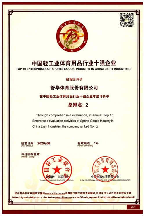 恭贺开云.kaiyun代理的品牌-舒华荣获"中国轻工业体育用品行业十强企业"